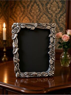 Vintage Weston Gallery Pewter Photo Frame 4X5 Sculpted Rose Blossoms & Buds*